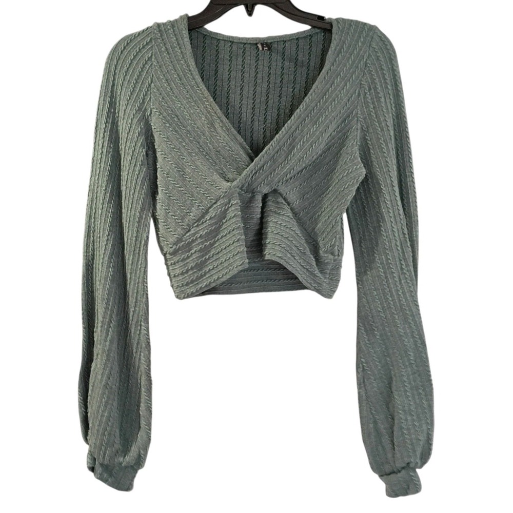 ZAFUL Long Sleeve Blouse‎ Crop Top Top Womens Size L Green Stretch V Neck ECU